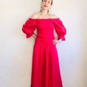 RHODE RESORT Lightweight Cotton Red Balloon Sleeve Ruffle Drop Waist Maxi Dress